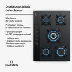 Plaque gaz KLARSTEIN Goldflame Nano Plaque de cuisson gaz 5 brûleurs en laiton 8 kW Table de cuisson à gaz - Gaz naturel/GPL